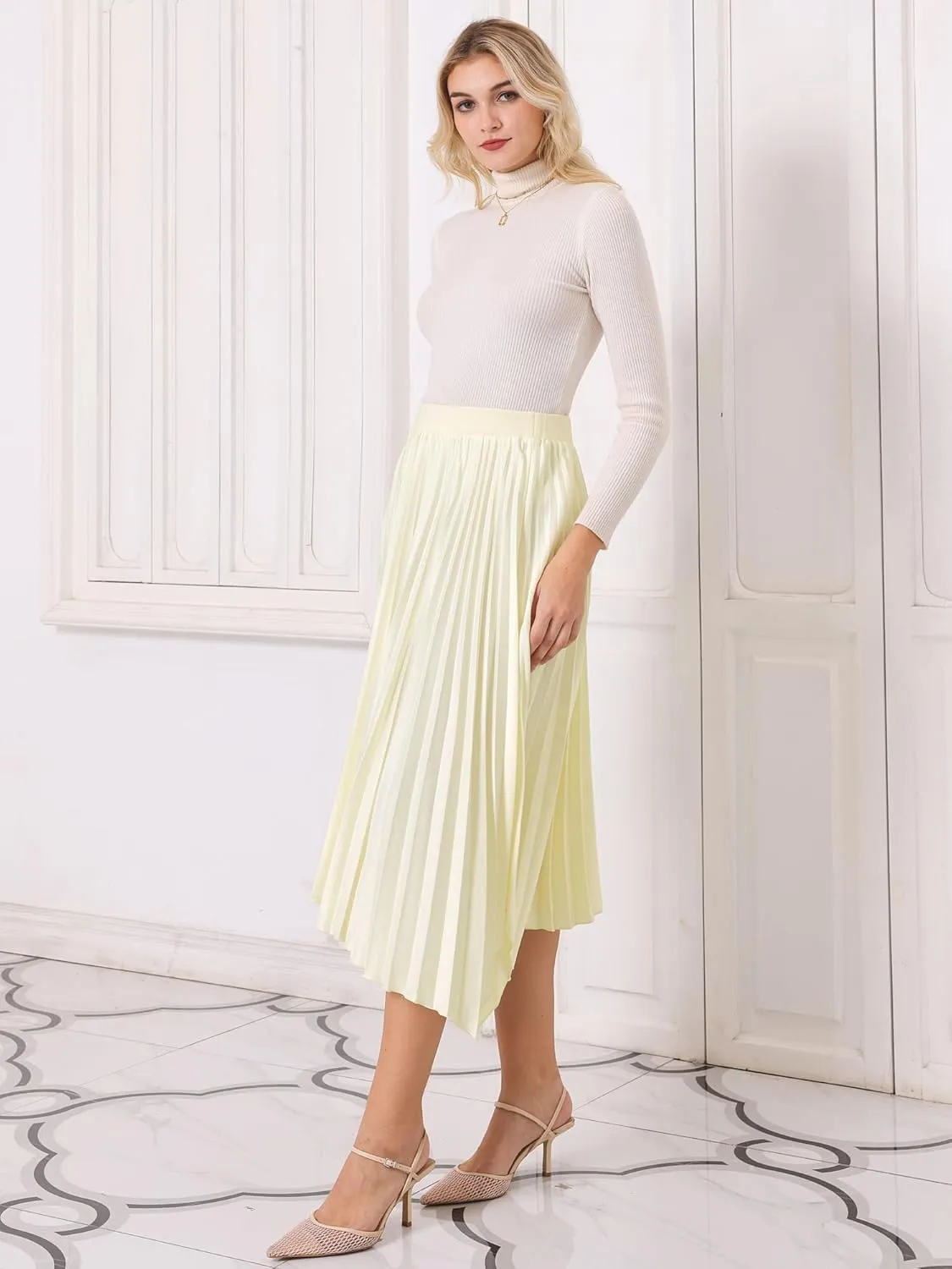 Women's Pleated A-Line Skirt Asymmetrical Hem Satin High Waist Flared Midi Skirt