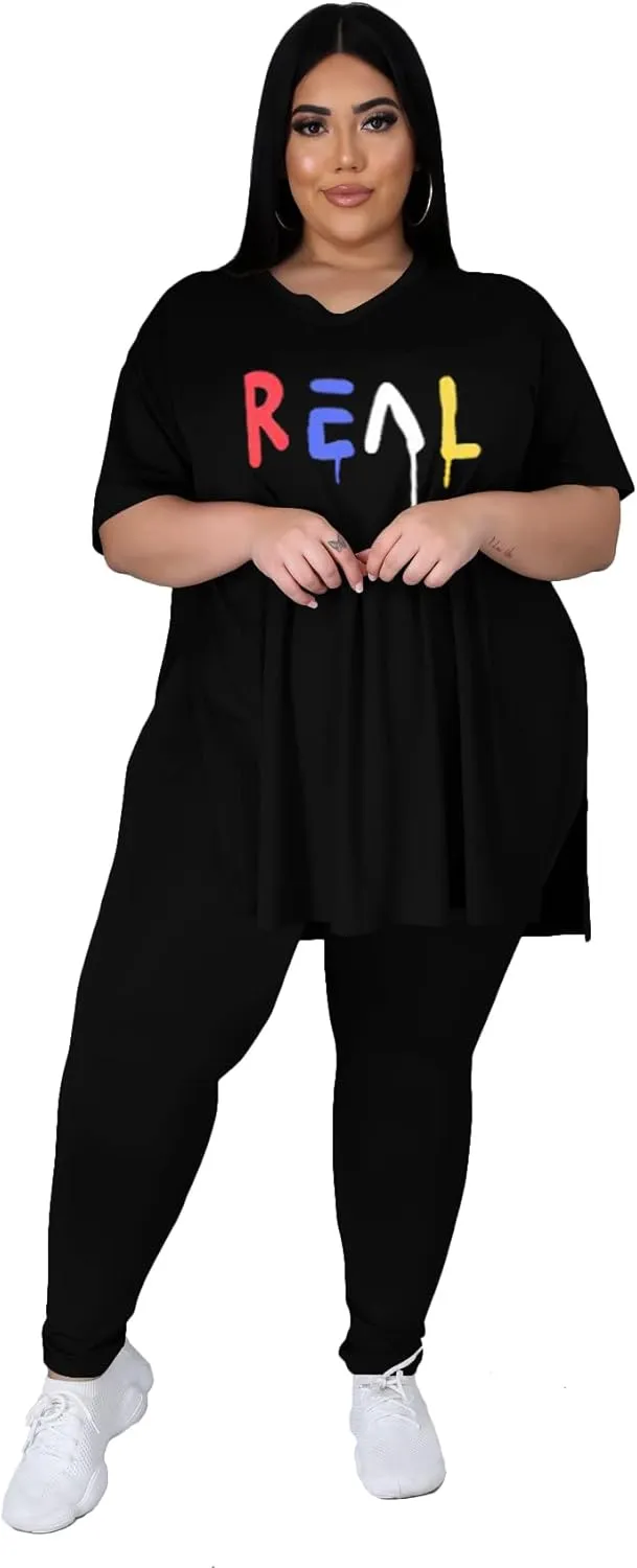 Women's Plus Size Two Piece Outfits Loungewear Sets Summer Oversized Tshirts Long Sweatpants Sweatsuits Sets