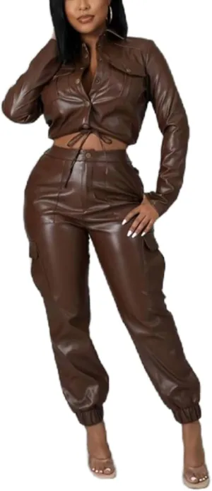 Womens PU Leather Long Sleeve Outfits Jacket Button Top with Cargo Pants Six Pockets PU Leather Sets