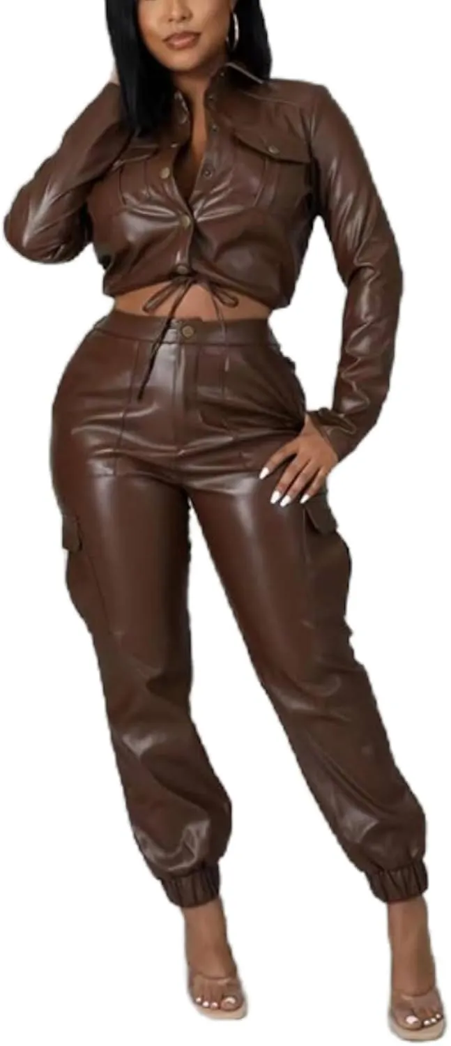Womens PU Leather Long Sleeve Outfits Jacket Button Top with Cargo Pants Six Pockets PU Leather Sets