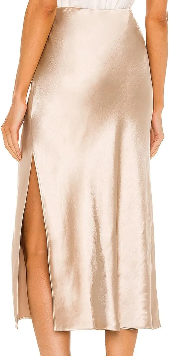 Women's Satin Skirt Elastic High Waisted Solid Color Slit MIDI Skirt Womens Cotton Skirts Above Knee Length