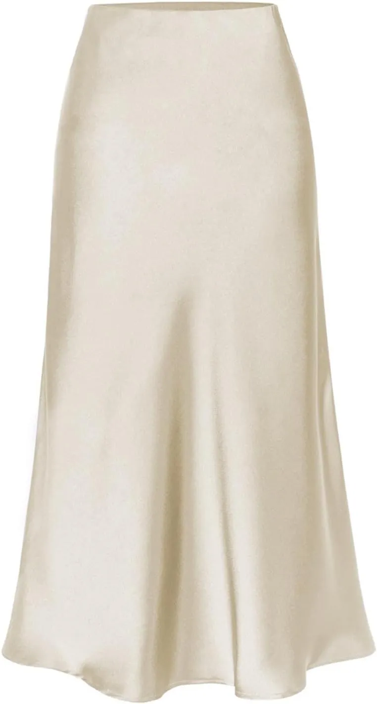 Women's Satin Skirt Elastic High Waisted Solid Color Slit MIDI Skirt Womens Cotton Skirts Above Knee Length