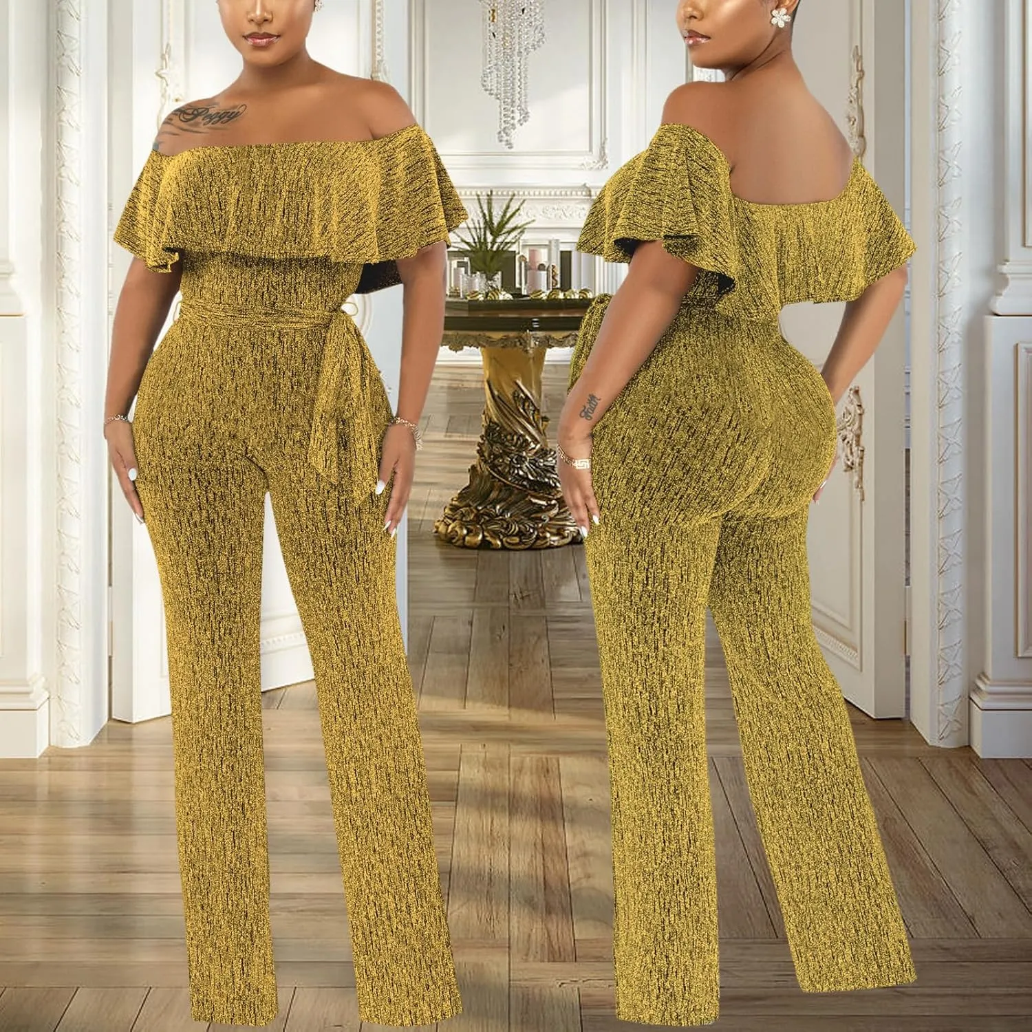 Women's Sexy Sparkly Classy Jumpsuits Casual Off Shoulder Loose Wide Leg Pants Clubwear Party Rompers