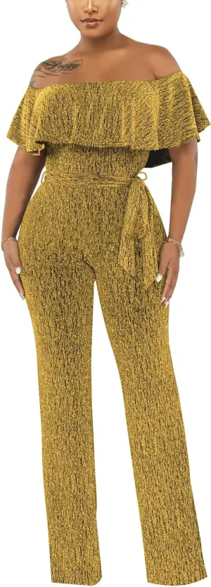 Women's Sexy Sparkly Classy Jumpsuits Casual Off Shoulder Loose Wide Leg Pants Clubwear Party Rompers