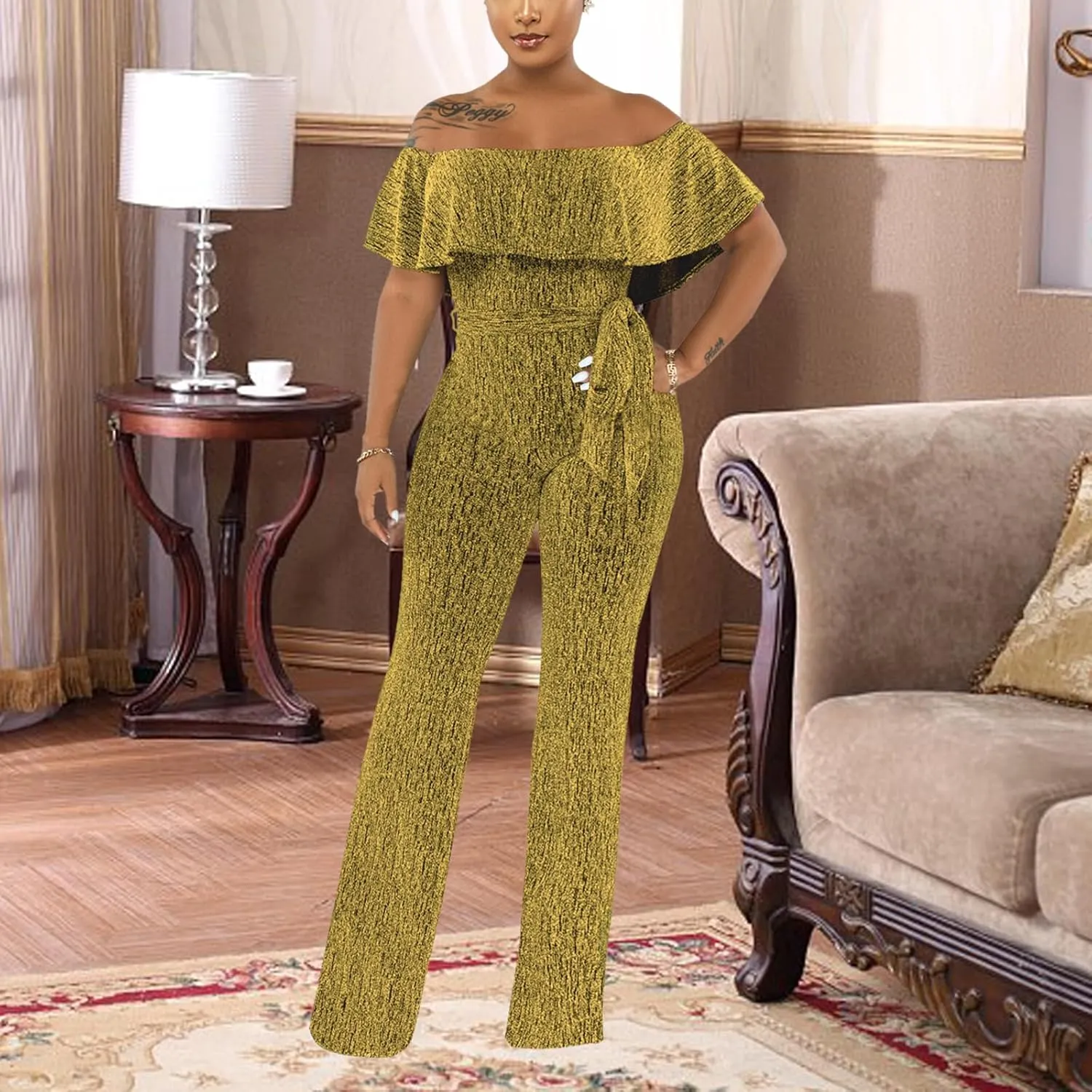 Women's Sexy Sparkly Classy Jumpsuits Casual Off Shoulder Loose Wide Leg Pants Clubwear Party Rompers