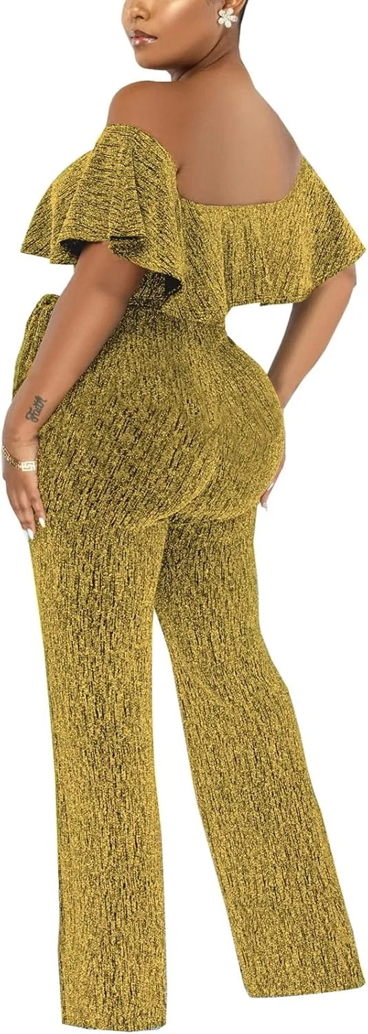 Women's Sexy Sparkly Classy Jumpsuits Casual Off Shoulder Loose Wide Leg Pants Clubwear Party Rompers
