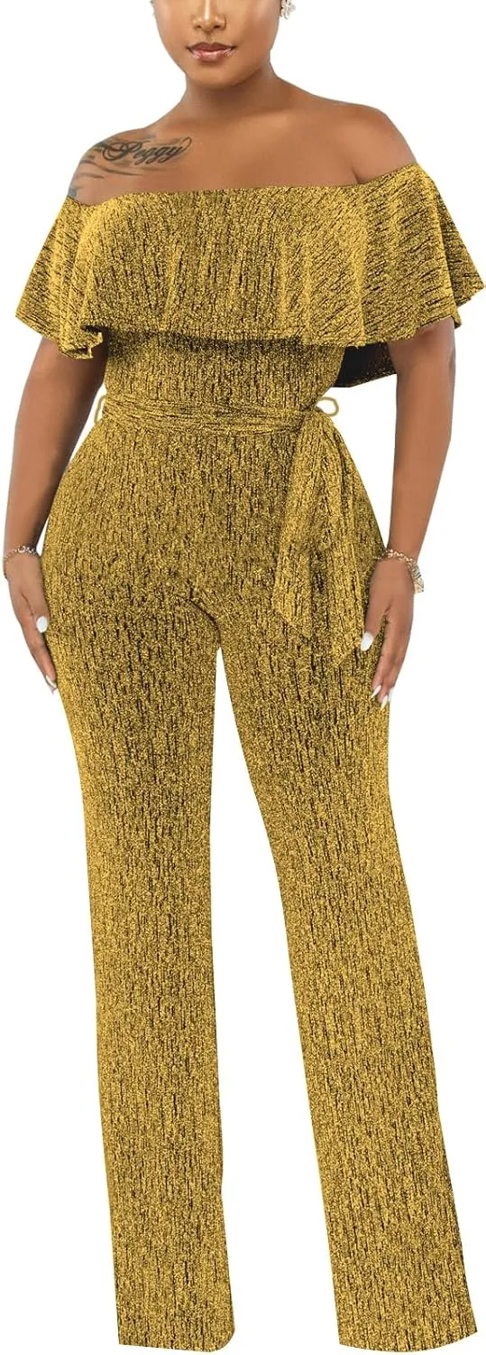 Women's Sexy Sparkly Classy Jumpsuits Casual Off Shoulder Loose Wide Leg Pants Clubwear Party Rompers