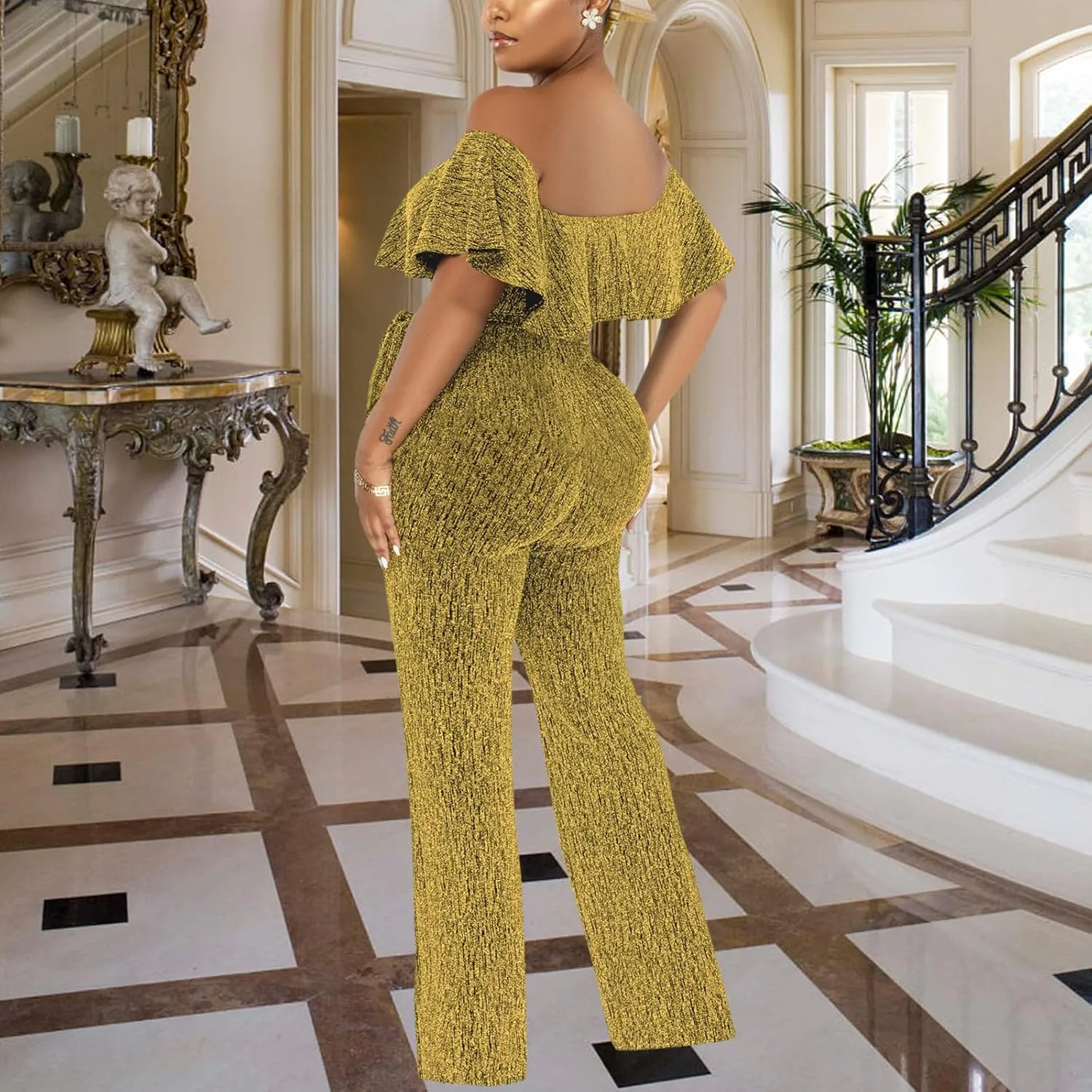 Women's Sexy Sparkly Classy Jumpsuits Casual Off Shoulder Loose Wide Leg Pants Clubwear Party Rompers
