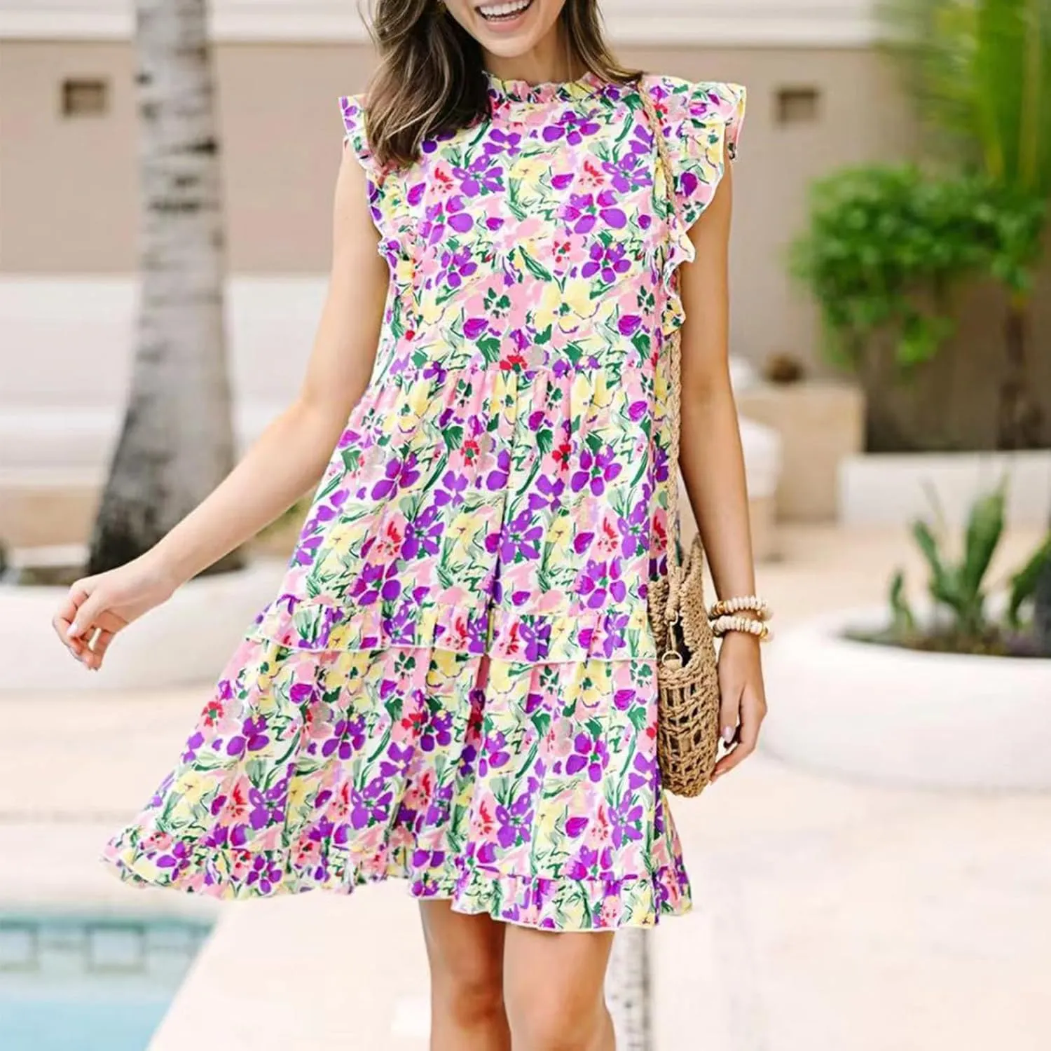 Womens Sexy Summer Dresses Sleeveless Mini Short Dress Ruffle Hem Party Dress Solid Color Bodycon Short Dress