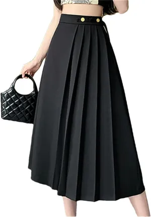 Women's Solid Color High Waist Pleated Skirts Office A-Line Mid Length Casual Skirts Black M
