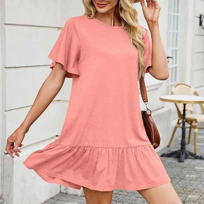 Women's Solid Color Round Neck Loose Short Sleeve Pleated Dress Ruffle Hem Mini Babydoll Dresses Flowy Sundress