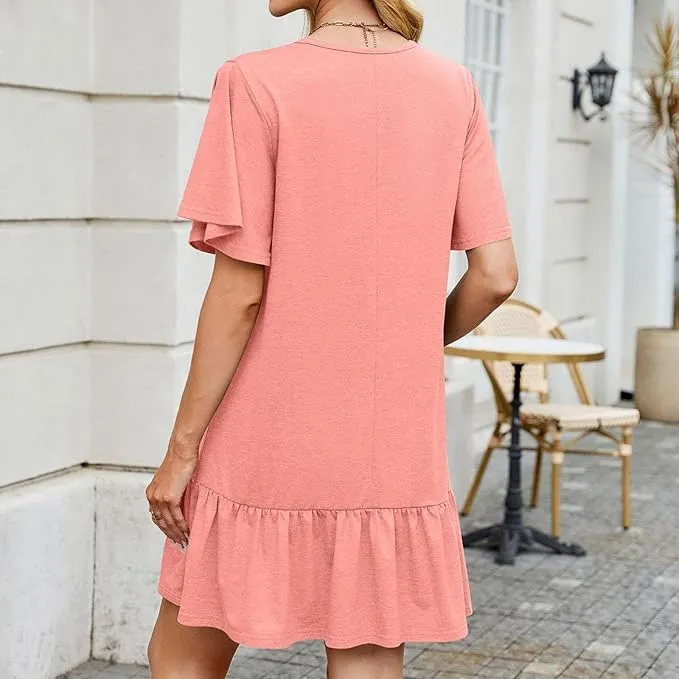 Women's Solid Color Round Neck Loose Short Sleeve Pleated Dress Ruffle Hem Mini Babydoll Dresses Flowy Sundress