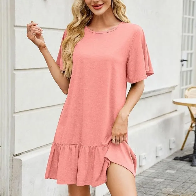 Women's Solid Color Round Neck Loose Short Sleeve Pleated Dress Ruffle Hem Mini Babydoll Dresses Flowy Sundress
