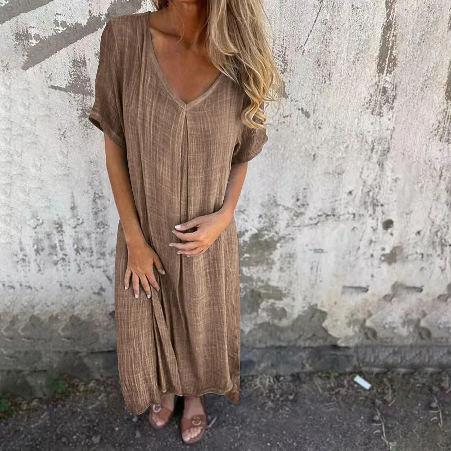 Women's Summer Beach Comforable T Shirt Dress V Neck Cotton Linen Casual Tunic Short Sleeve Boho Flowy Sun Dresses