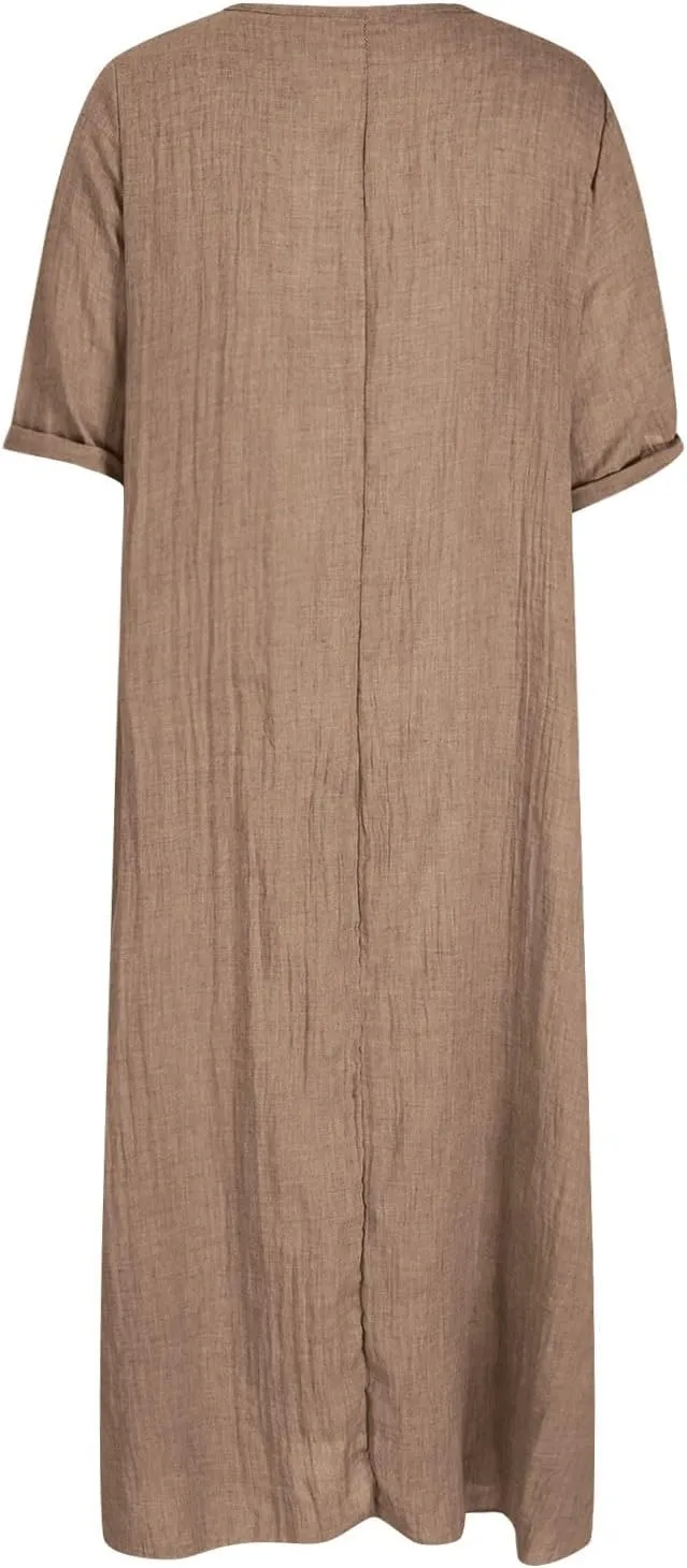 Women's Summer Beach Comforable T Shirt Dress V Neck Cotton Linen Casual Tunic Short Sleeve Boho Flowy Sun Dresses