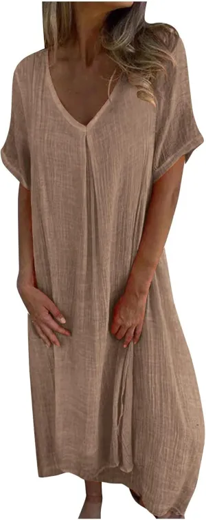 Women's Summer Beach Comforable T Shirt Dress V Neck Cotton Linen Casual Tunic Short Sleeve Boho Flowy Sun Dresses