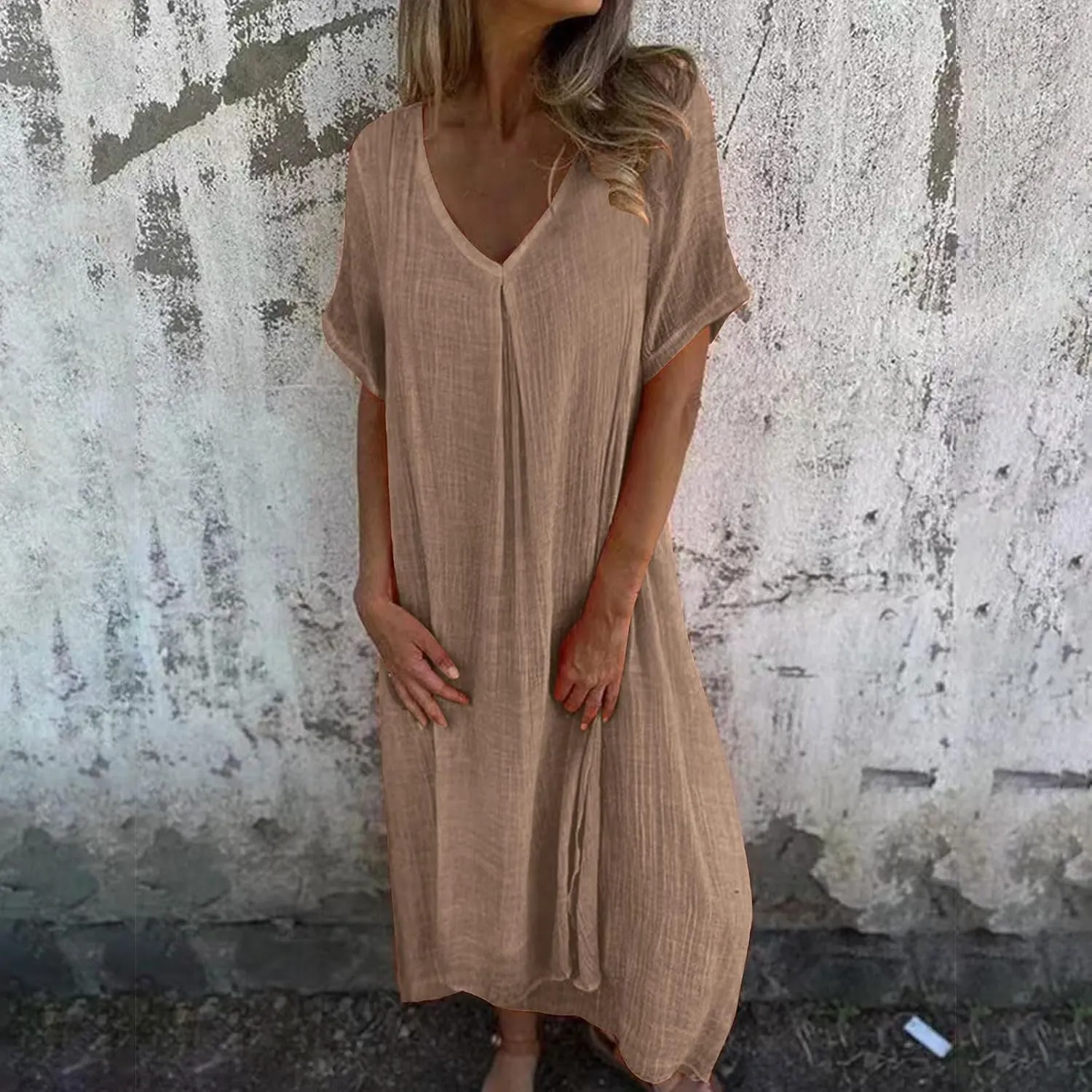 Women's Summer Beach Comforable T Shirt Dress V Neck Cotton Linen Casual Tunic Short Sleeve Boho Flowy Sun Dresses