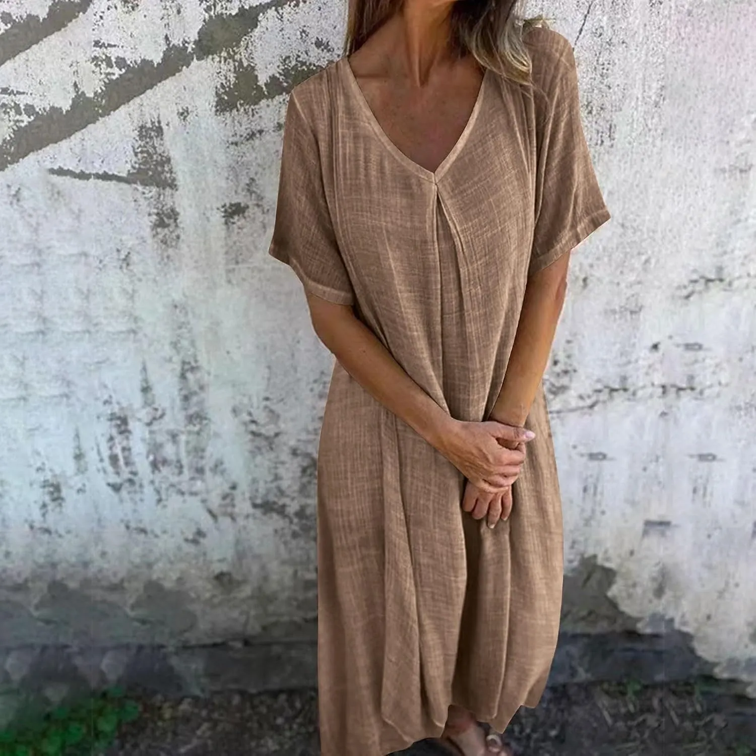 Women's Summer Beach Comforable T Shirt Dress V Neck Cotton Linen Casual Tunic Short Sleeve Boho Flowy Sun Dresses
