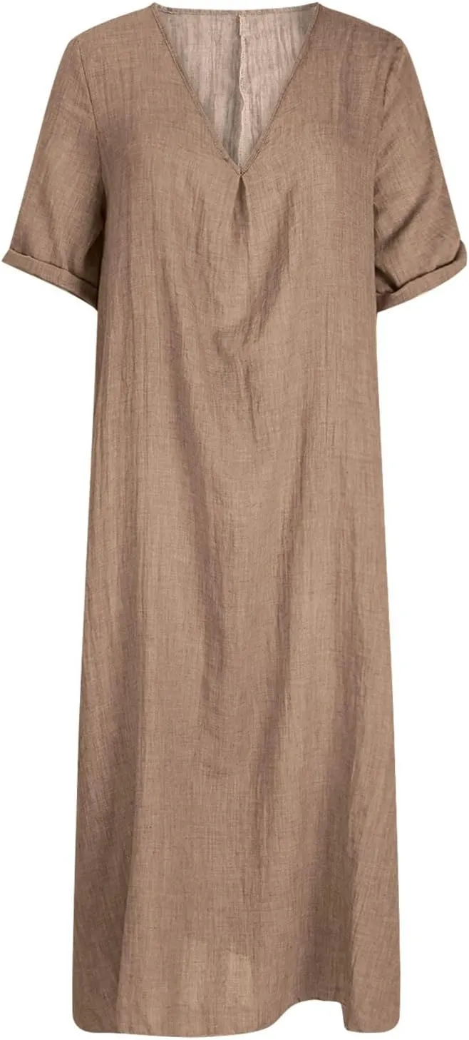 Women's Summer Beach Comforable T Shirt Dress V Neck Cotton Linen Casual Tunic Short Sleeve Boho Flowy Sun Dresses
