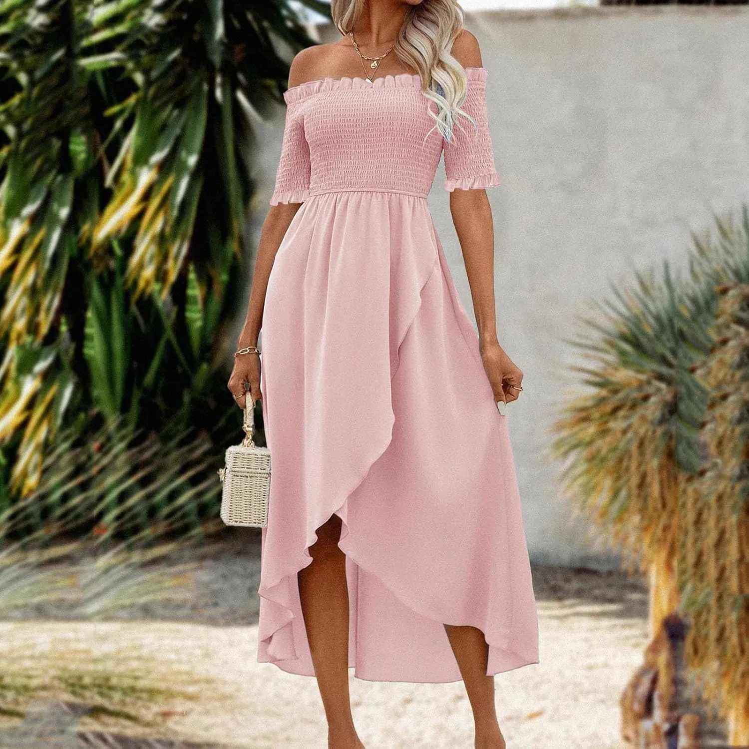 Womens Summer Midi Dresses Short Sleeve Off The Shoulder Flowy Long Dress Casual Loose Flowy Beach Dress