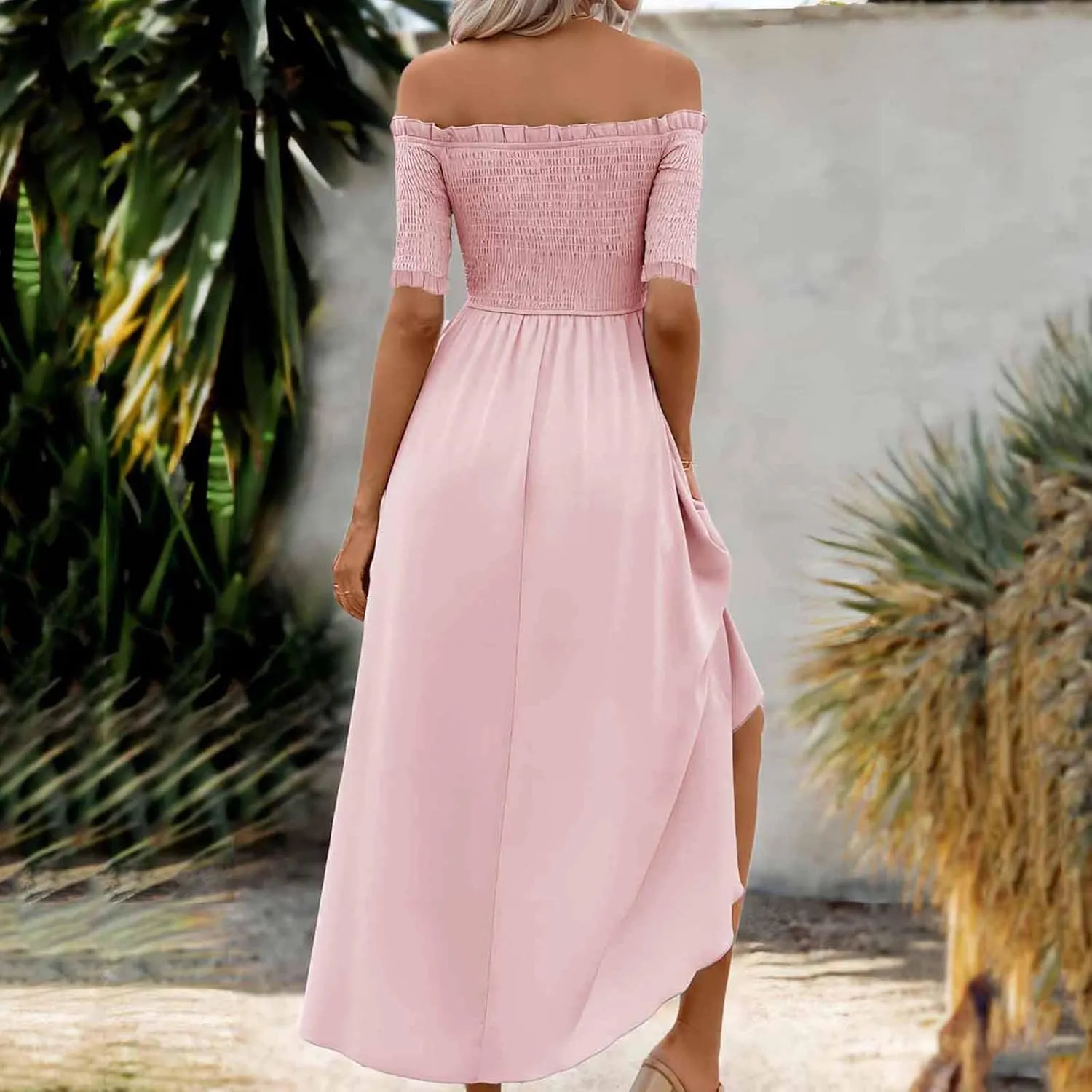 Womens Summer Midi Dresses Short Sleeve Off The Shoulder Flowy Long Dress Casual Loose Flowy Beach Dress