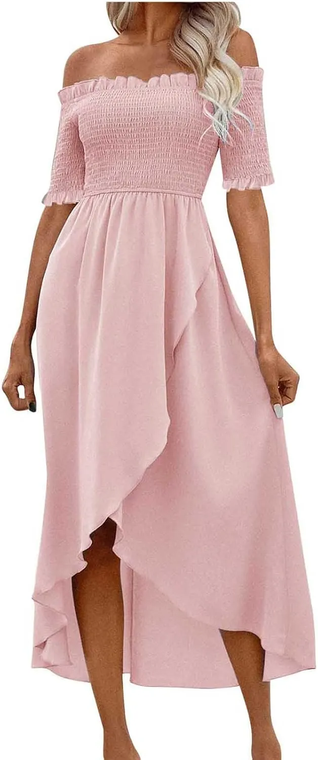 Womens Summer Midi Dresses Short Sleeve Off The Shoulder Flowy Long Dress Casual Loose Flowy Beach Dress