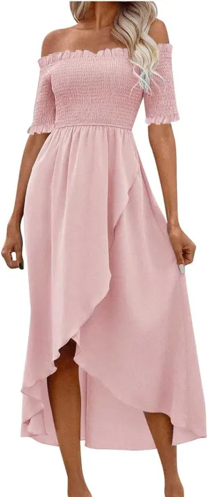 Womens Summer Midi Dresses Short Sleeve Off The Shoulder Flowy Long Dress Casual Loose Flowy Beach Dress