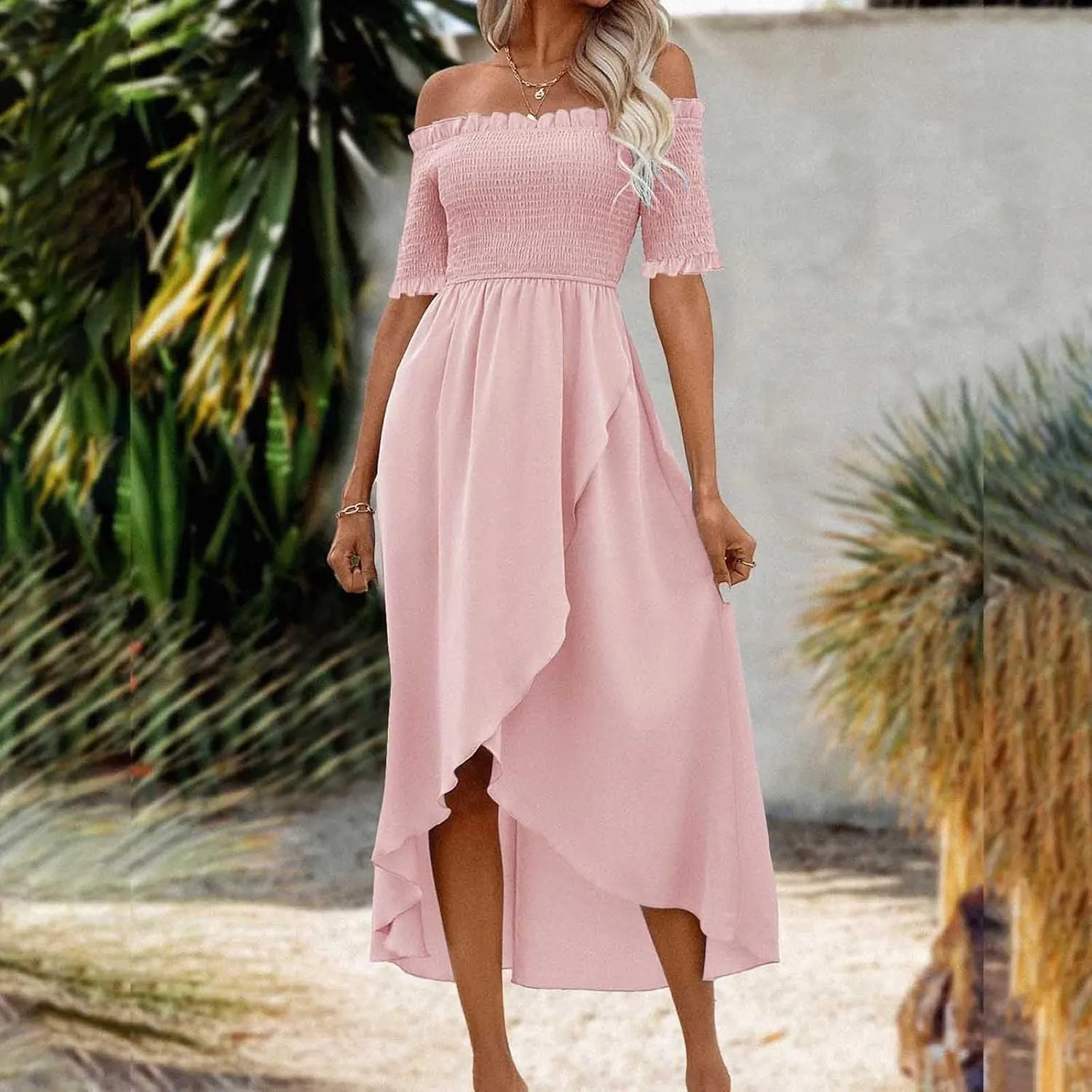 Womens Summer Midi Dresses Short Sleeve Off The Shoulder Flowy Long Dress Casual Loose Flowy Beach Dress