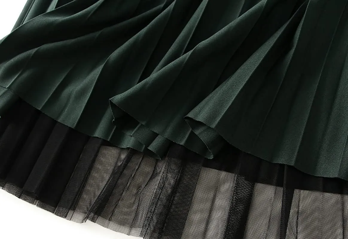 Womens Tulle Long Skirt Elastic Waist Reversible A Line Pleated Midi Skirt SK07
