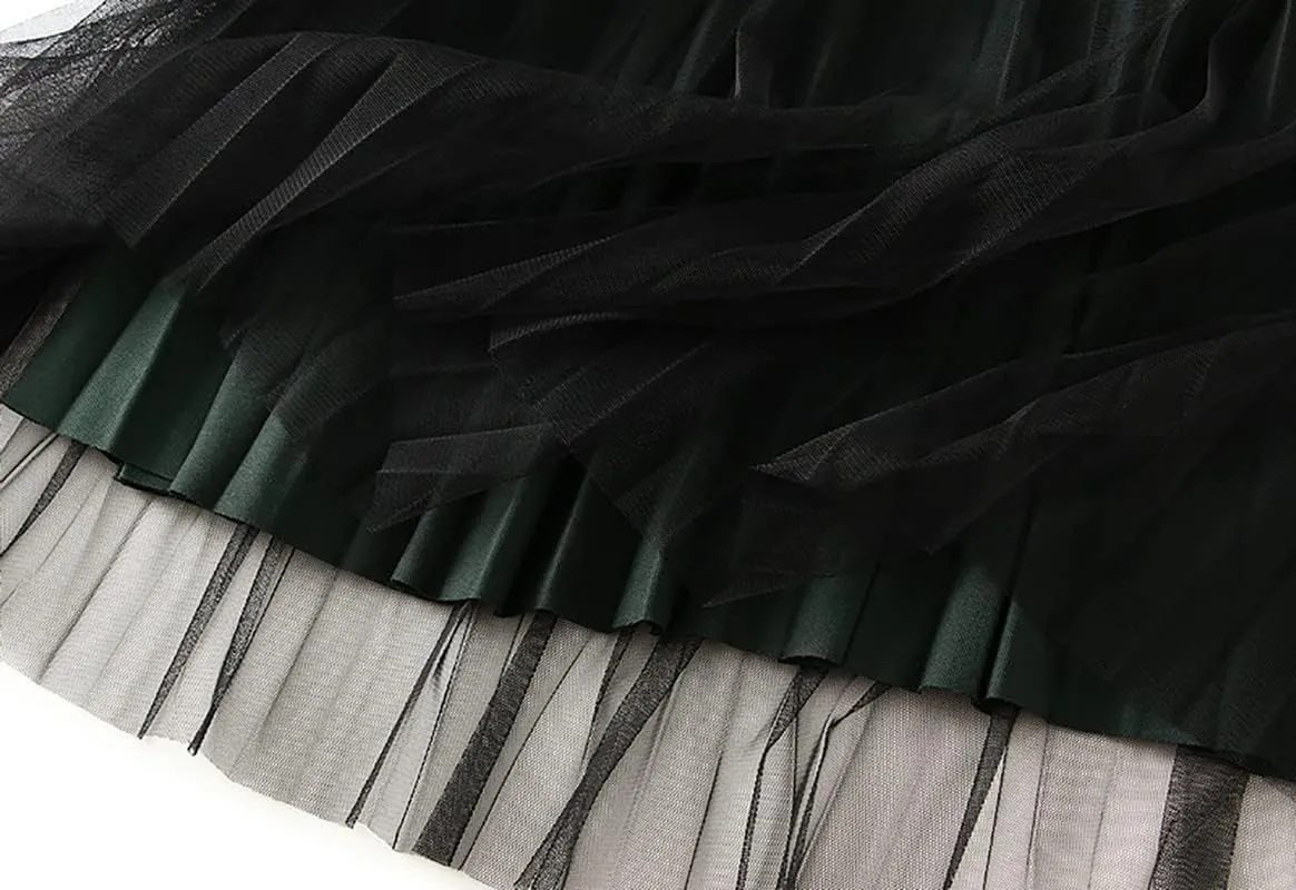 Womens Tulle Long Skirt Elastic Waist Reversible A Line Pleated Midi Skirt SK07
