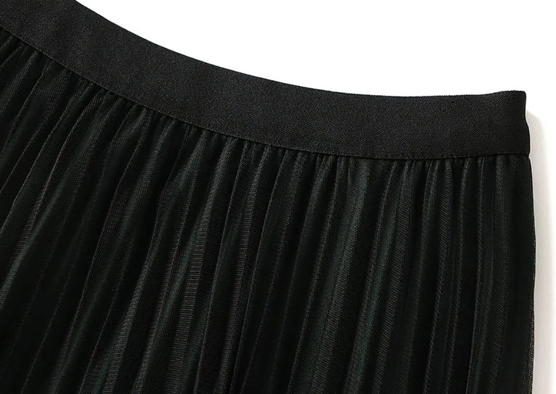 Womens Tulle Long Skirt Elastic Waist Reversible A Line Pleated Midi Skirt SK07