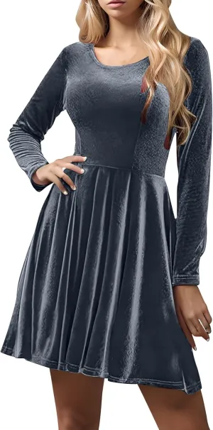 Women's Velvet Dress Long Sleeve Cocktail Party Club Dresses Ruffle Swing O Neck Mini Prom Dress for Wedding Guest