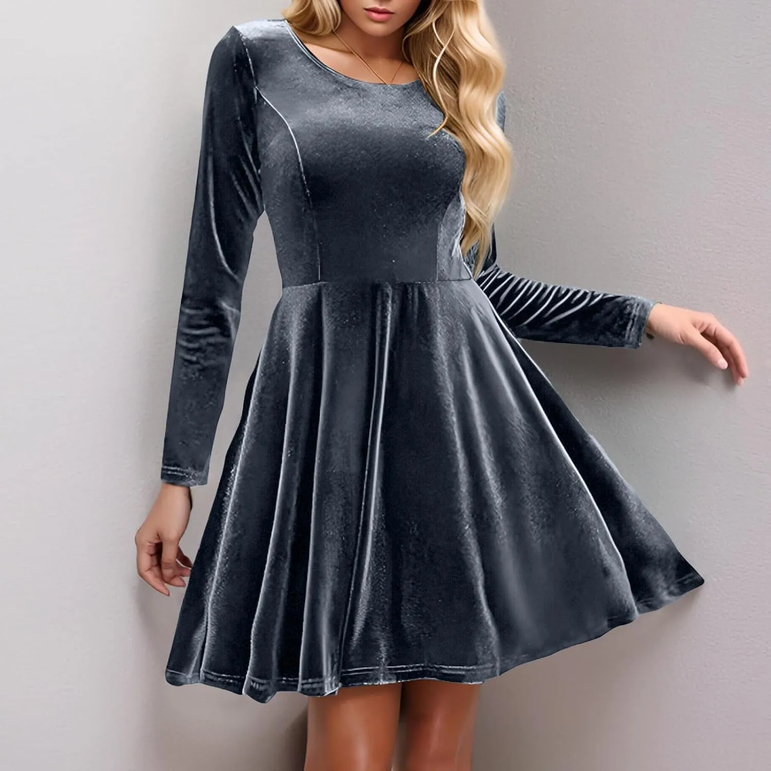 Women's Velvet Dress Long Sleeve Cocktail Party Club Dresses Ruffle Swing O Neck Mini Prom Dress for Wedding Guest