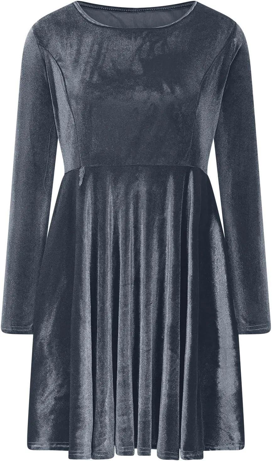 Women's Velvet Dress Long Sleeve Cocktail Party Club Dresses Ruffle Swing O Neck Mini Prom Dress for Wedding Guest