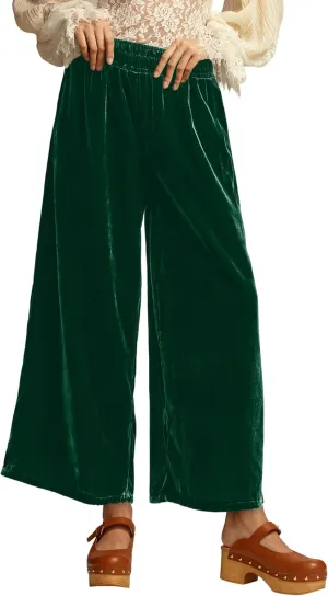 Women's Velvet Pants High Elastic Waist Wide Leg Long Pants Casual Lounge Palazzo Pants Vintage Loose Fit Trouser