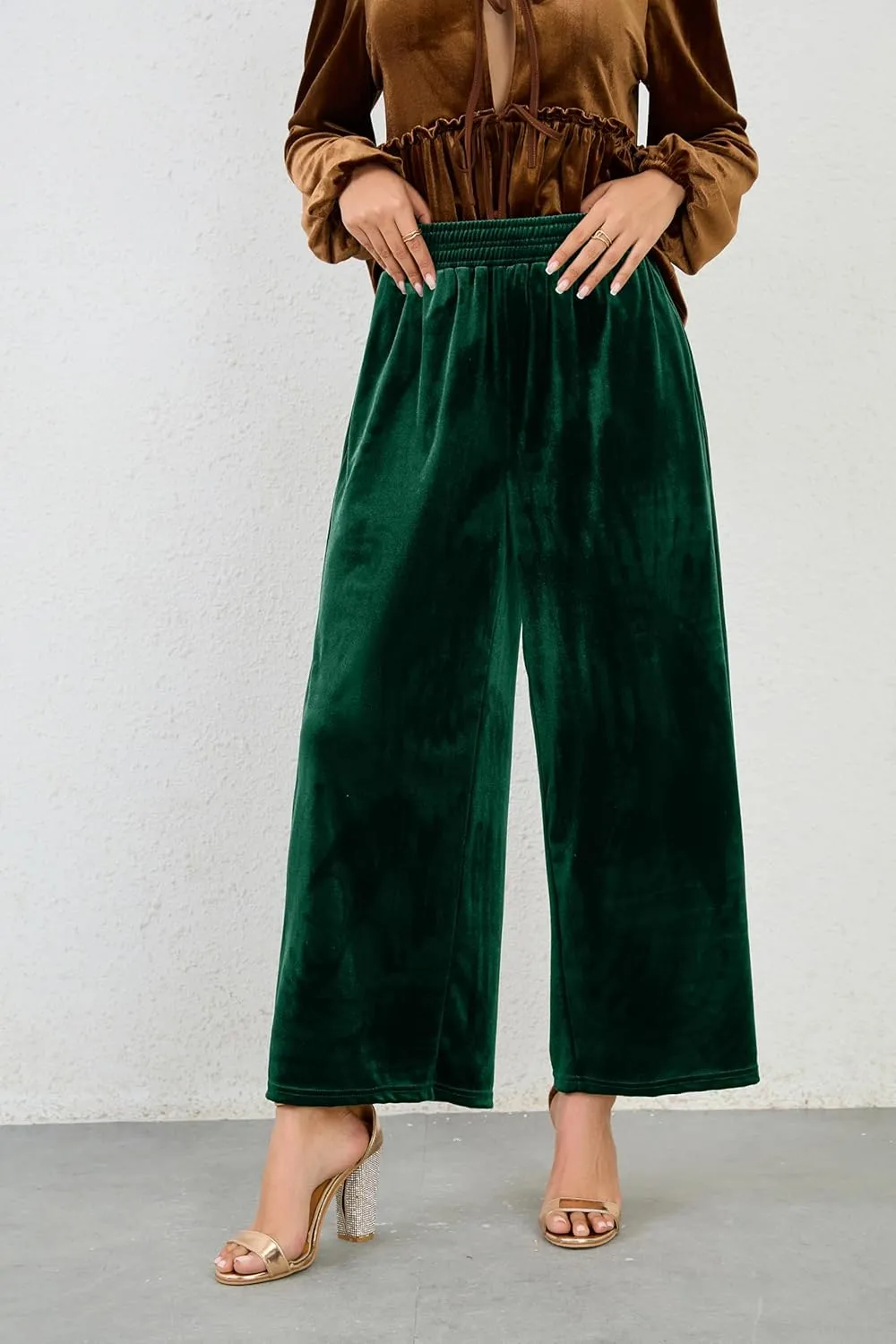 Women's Velvet Pants High Elastic Waist Wide Leg Long Pants Casual Lounge Palazzo Pants Vintage Loose Fit Trouser