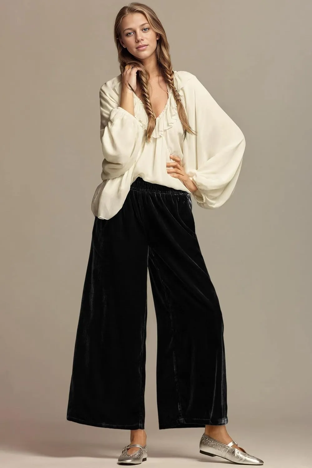 Women's Velvet Pants High Elastic Waist Wide Leg Long Pants Casual Lounge Palazzo Pants Vintage Loose Fit Trouser