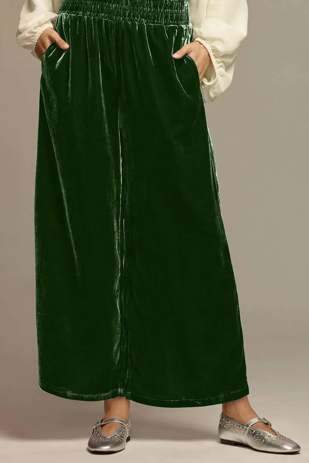 Women's Velvet Pants High Elastic Waist Wide Leg Long Pants Casual Lounge Palazzo Pants Vintage Loose Fit Trouser