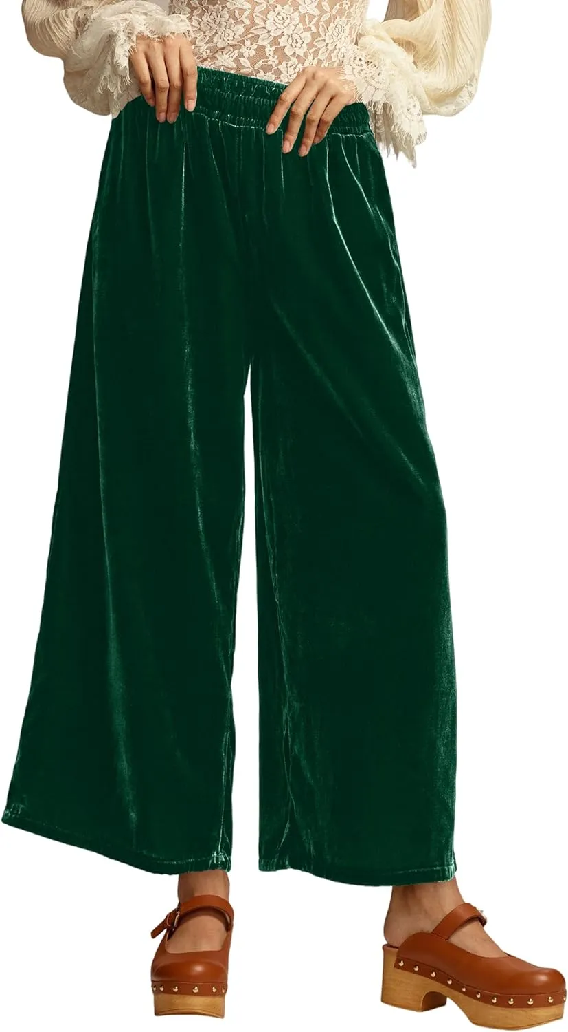 Women's Velvet Pants High Elastic Waist Wide Leg Long Pants Casual Lounge Palazzo Pants Vintage Loose Fit Trouser