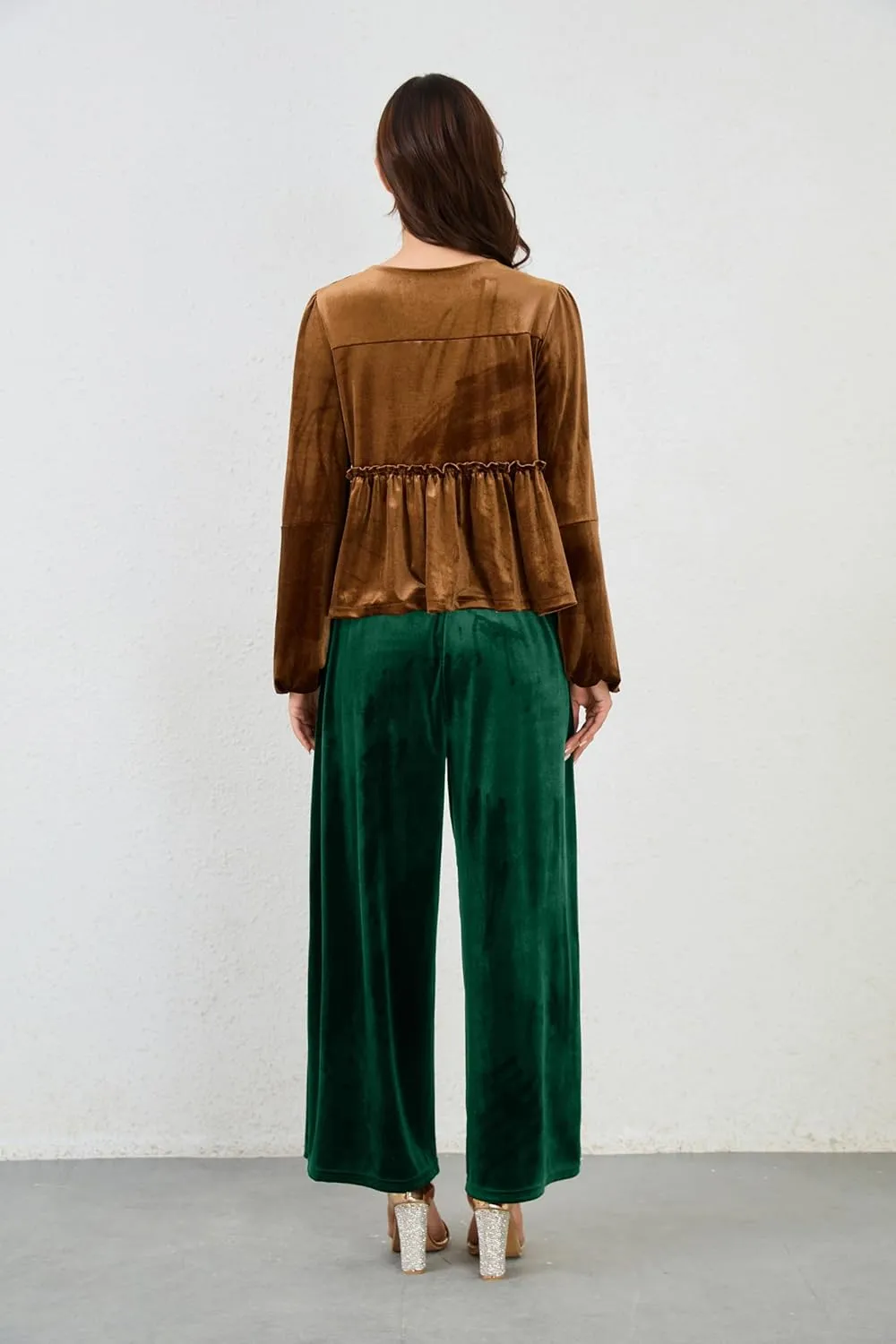 Women's Velvet Pants High Elastic Waist Wide Leg Long Pants Casual Lounge Palazzo Pants Vintage Loose Fit Trouser
