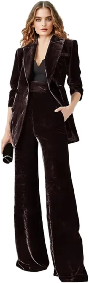 Womens Velvet Suit 2 PC Double Breasted Pants Suit Peak Lapel Formal Suit Womens Business Suits