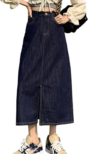 Women's Vintage High Waisted Denim Skirt Ladies Midi Jean Skirts with Pockets