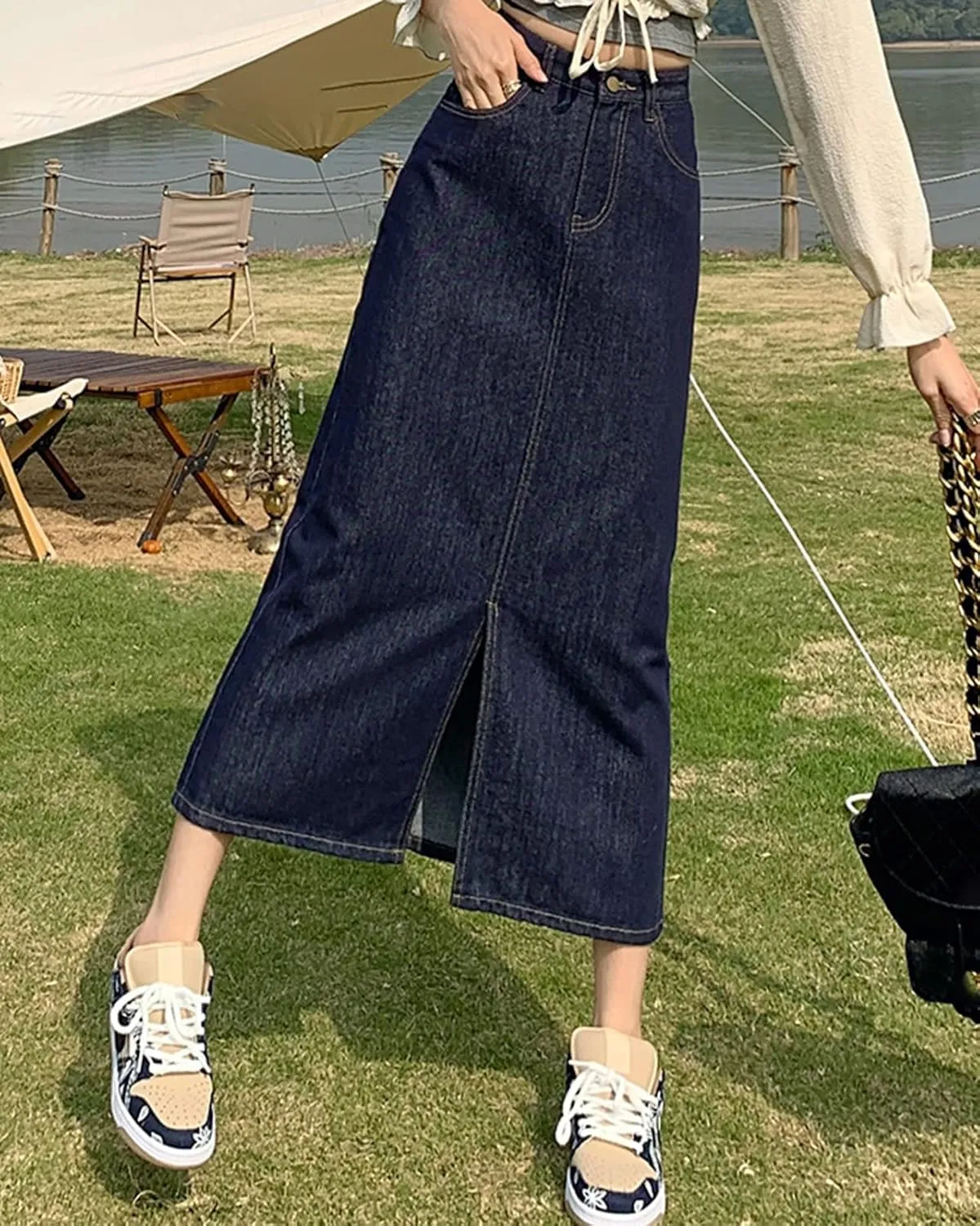 Women's Vintage High Waisted Denim Skirt Ladies Midi Jean Skirts with Pockets