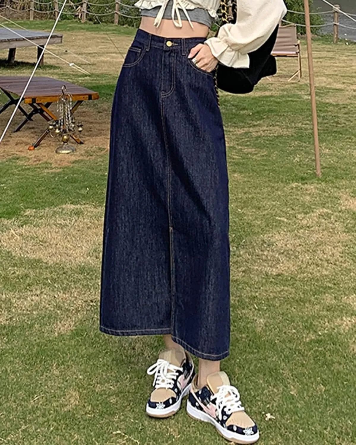 Women's Vintage High Waisted Denim Skirt Ladies Midi Jean Skirts with Pockets
