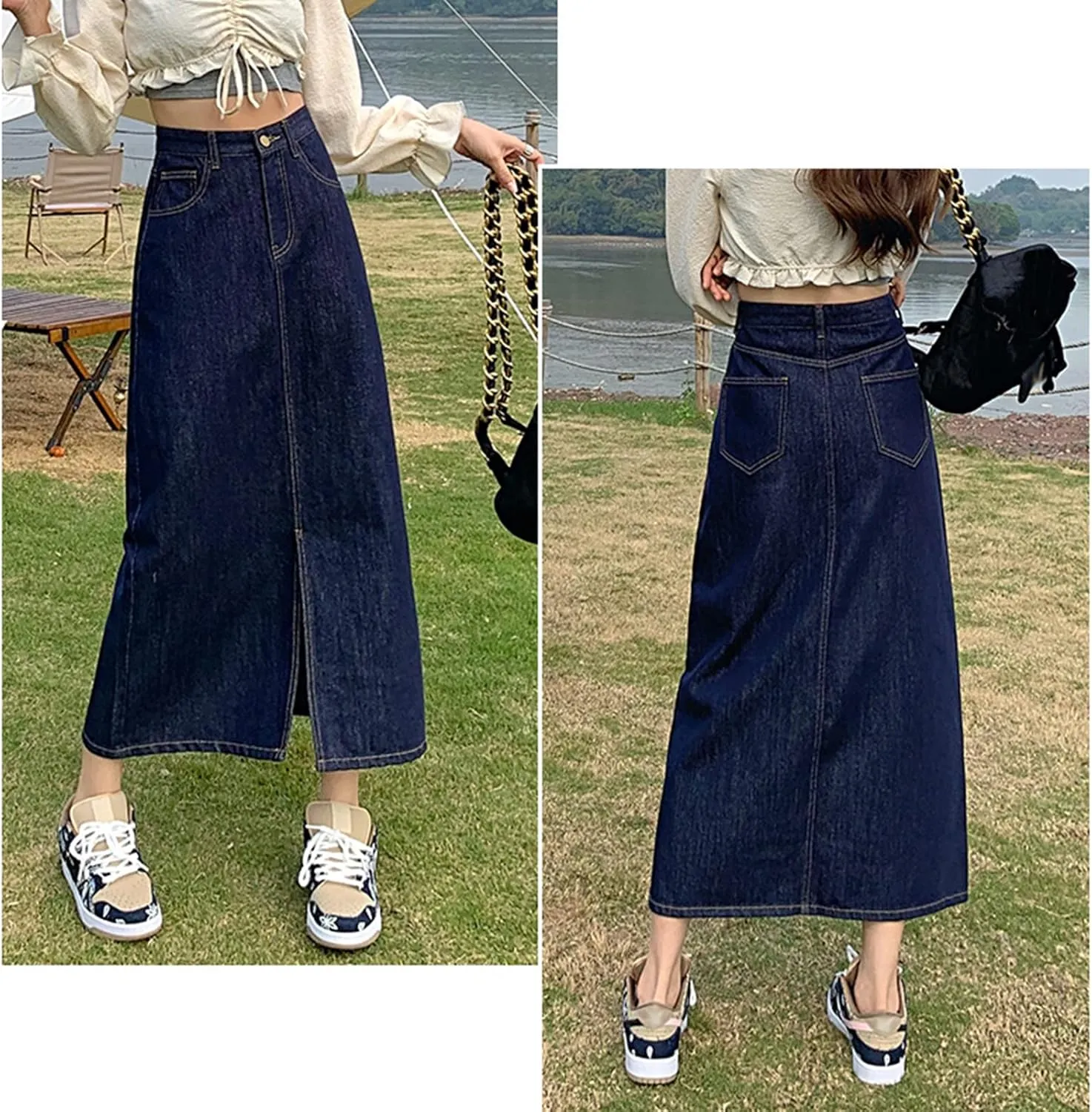Women's Vintage High Waisted Denim Skirt Ladies Midi Jean Skirts with Pockets