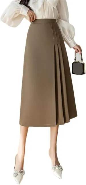 Women's Vintage Pleated Skirts Solid Color High Waist Mid Length Swing Office Lady A-Line Skirts