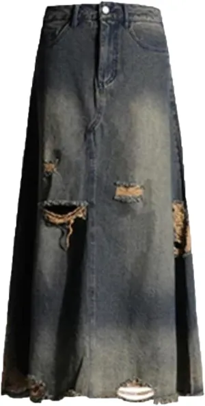 Women's Vintage Ripped Holes Maxi Jeans Skirts with Pockets High Waisted Retro Washed Denim Skirt
