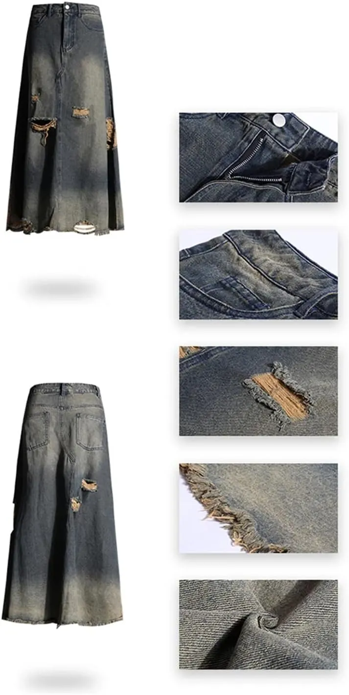 Women's Vintage Ripped Holes Maxi Jeans Skirts with Pockets High Waisted Retro Washed Denim Skirt