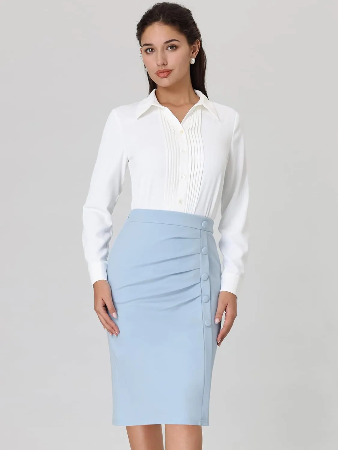 Women's Wear to Work Pencil Skirt Elastic High Waist Ruched Bodycon Midi Skirts