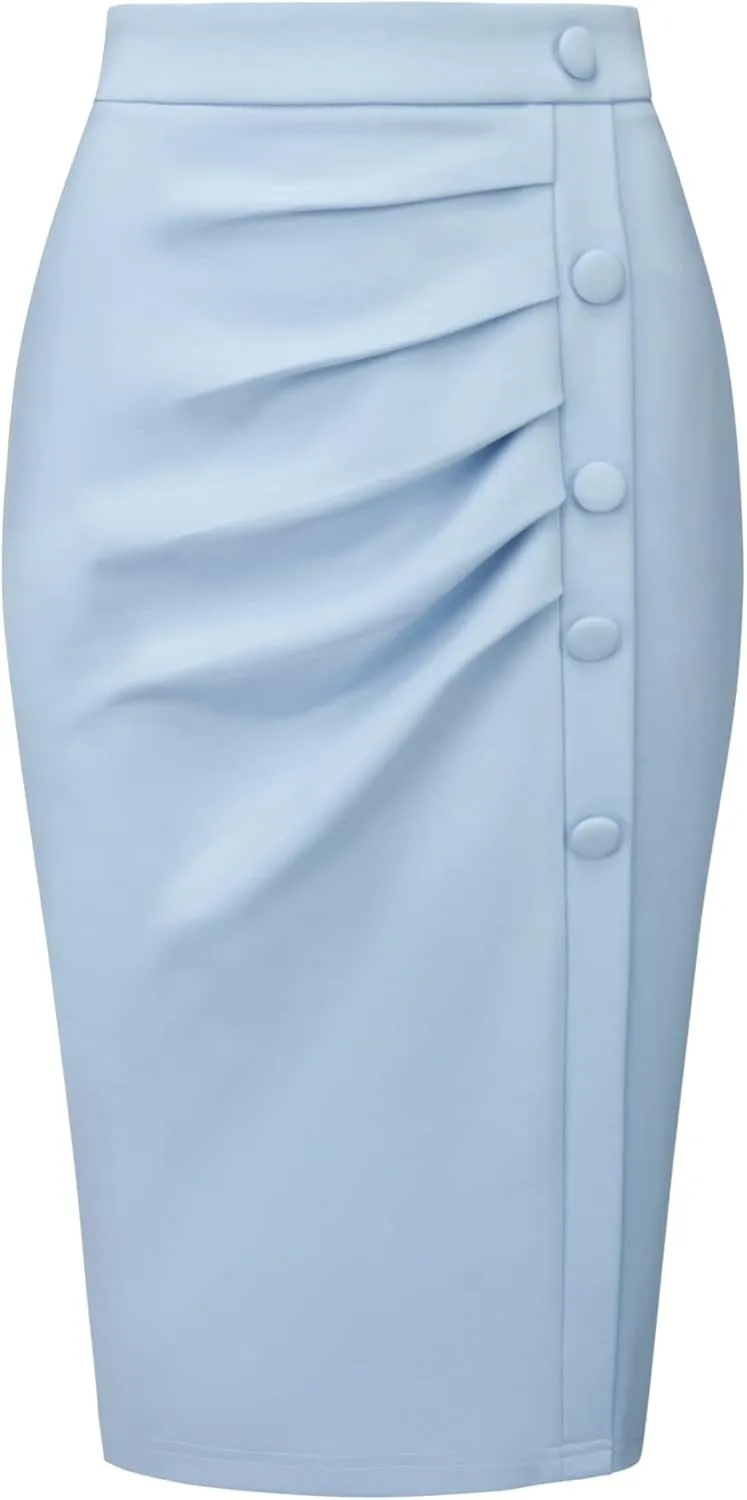 Women's Wear to Work Pencil Skirt Elastic High Waist Ruched Bodycon Midi Skirts